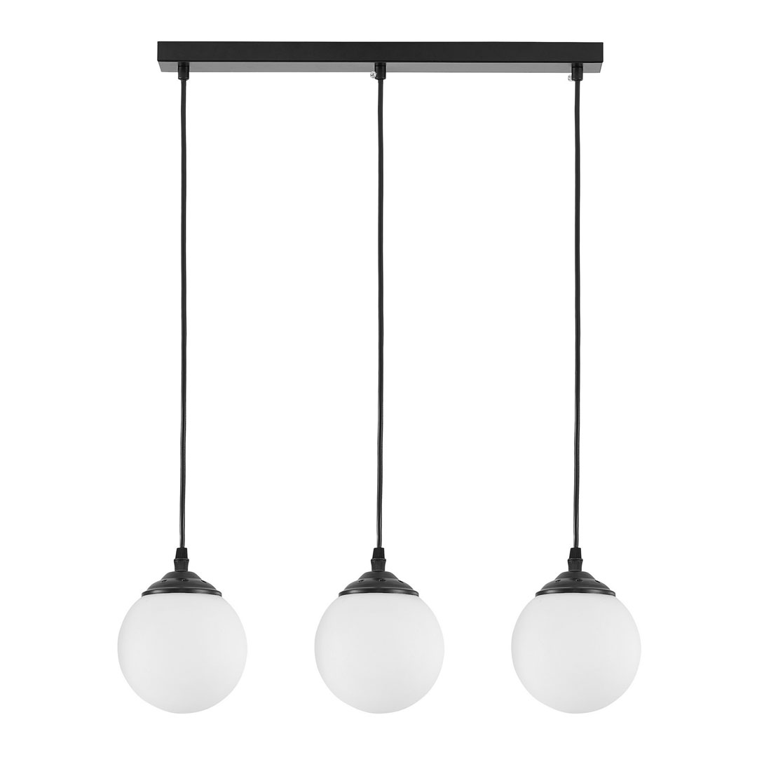 Black triple pendant lamp over dining table or kitchen island, white spheres - FINO - Lampit image 1