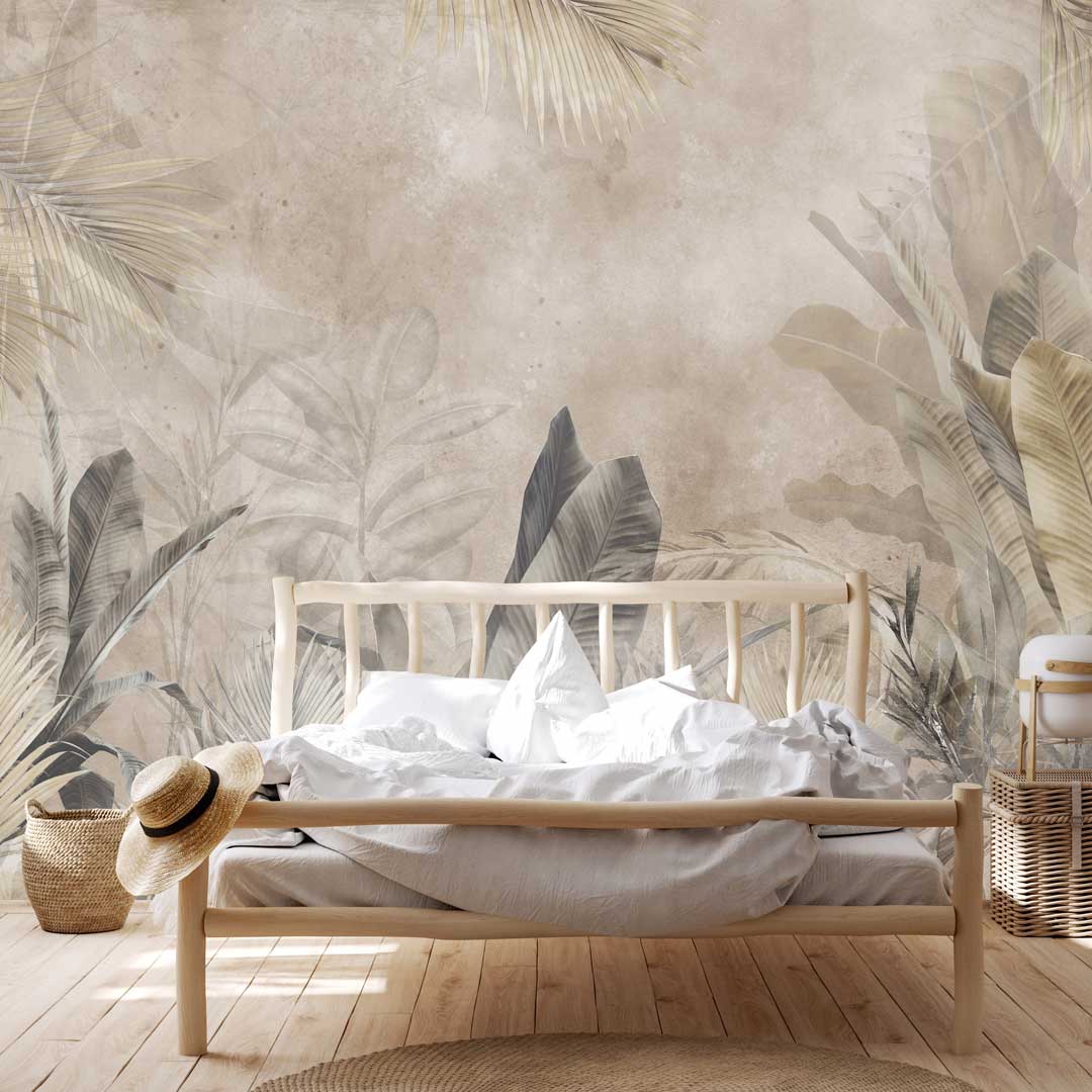 Beige wall mural, photo wallpaper: jungle, palm and banana leaves, boho style - Dekoori image 2