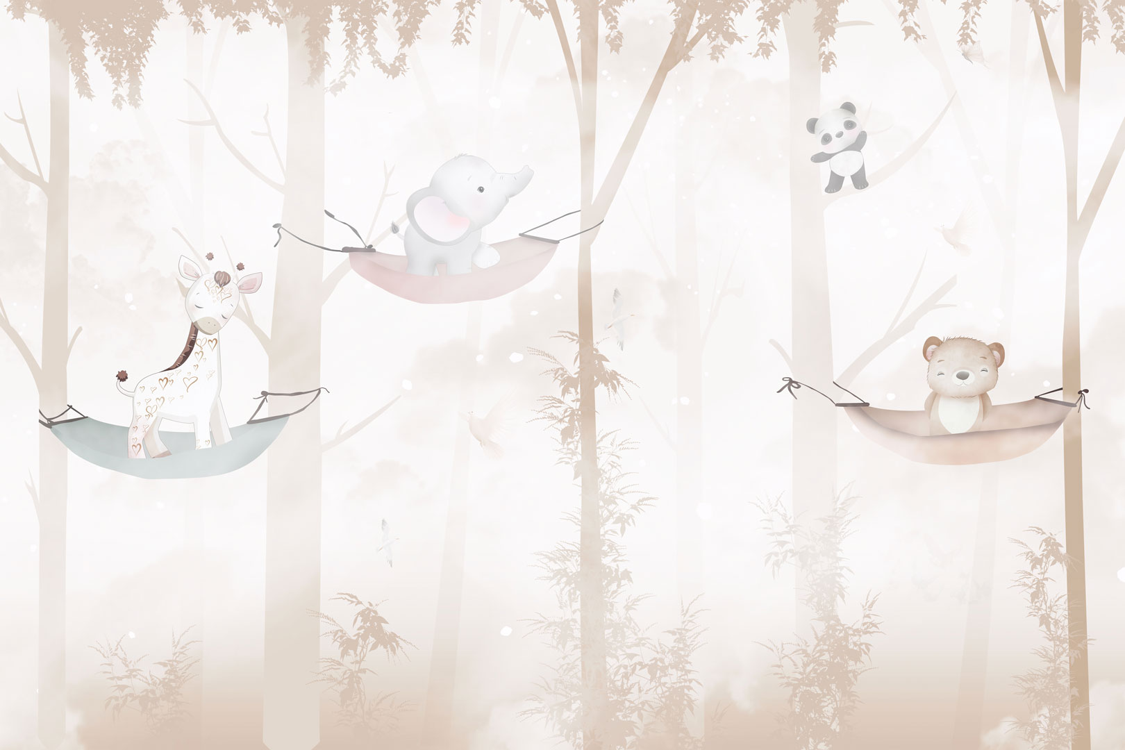 Pastel children's wallpaper FOREST SLEEP, animals in the forest on hammocks, giraffe, elephant, teddy bear, panda - Dekoori image 1