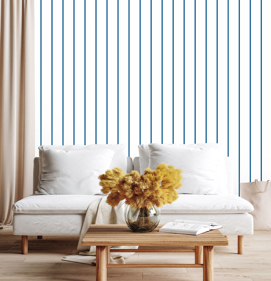 White and blue 1 cm vertical stripes wallpaper - Dekoori image 2