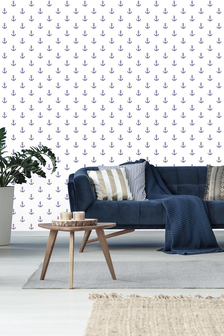 White, nautical marine (sea design with navy blue anchors) wallpaper - Dekoori image 2