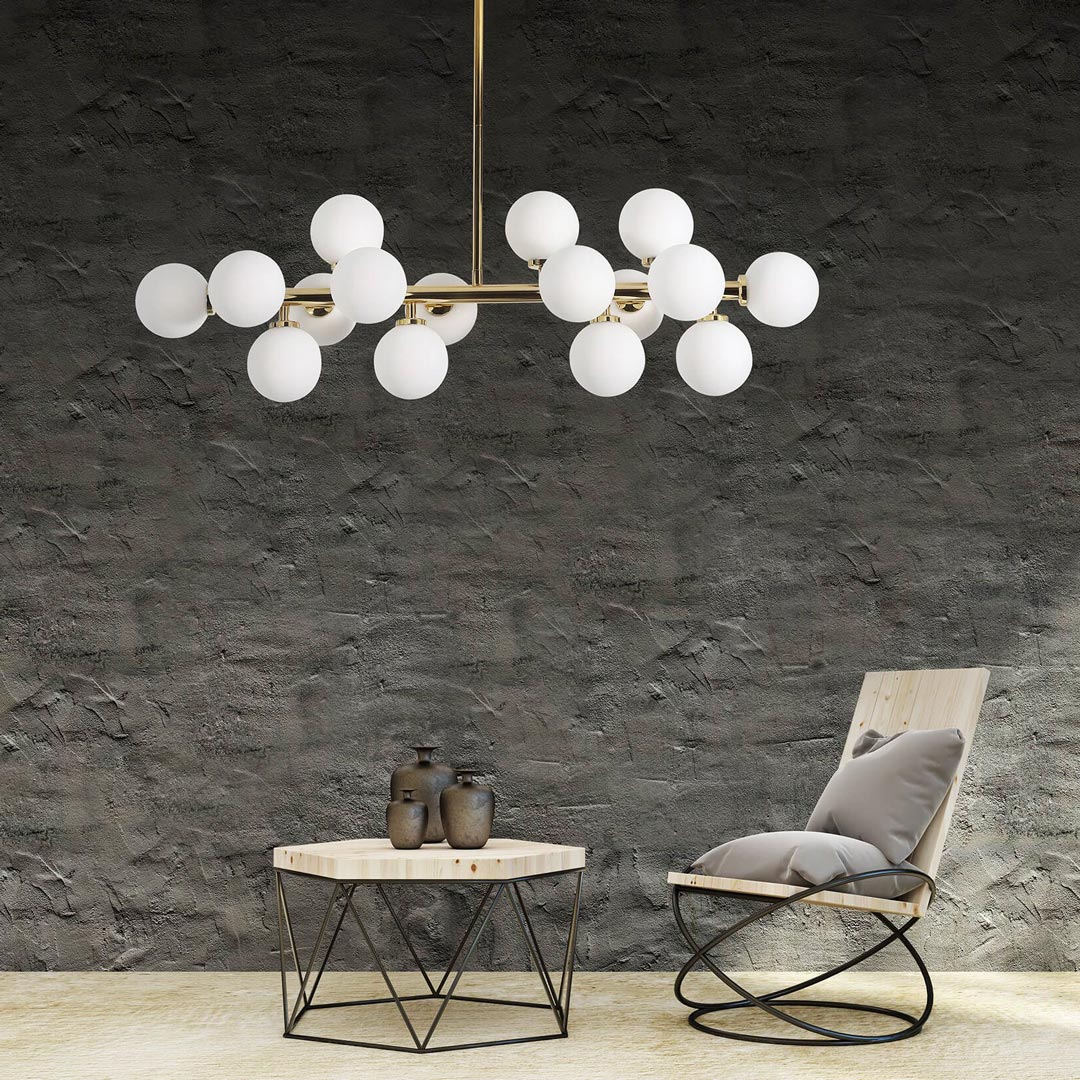 Golden pendant lamp, white glass balls, modern chandelier, classic gold - PETRICA - Lumina Deco image 2