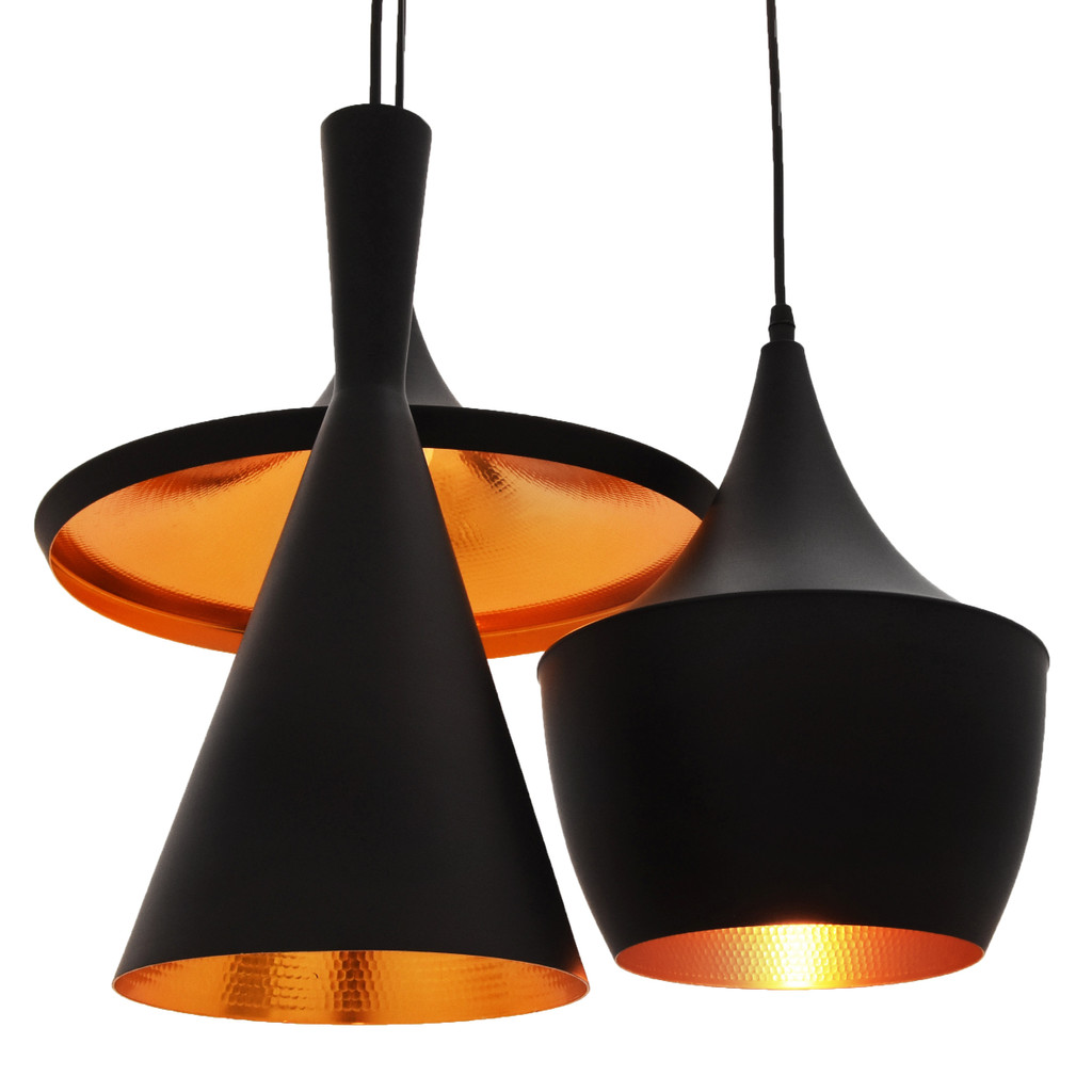 Triple modern and designer pendant lamp, black and metal, gold inner - FOGGI W3 - Lumina Deco image 3