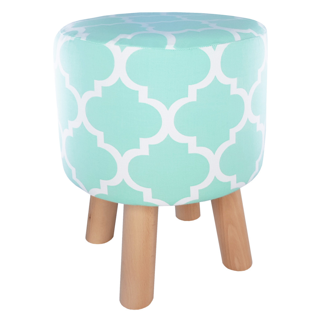 Decorative wooden mint green pouf, white Moroccan clover pattern - Lily Pouf image 3