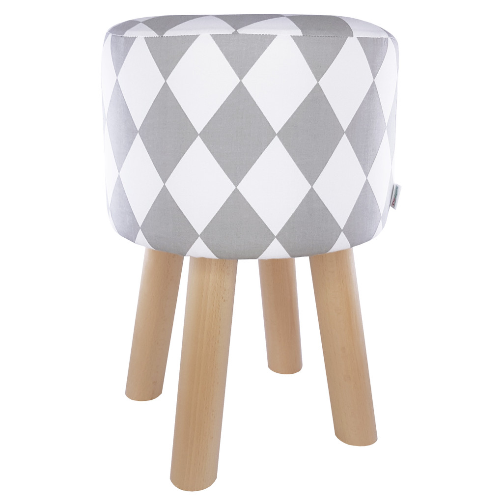 White and grey Scandinavian stool, modern pouf, seat with white and grey diamonds - Lily Pouf image 1