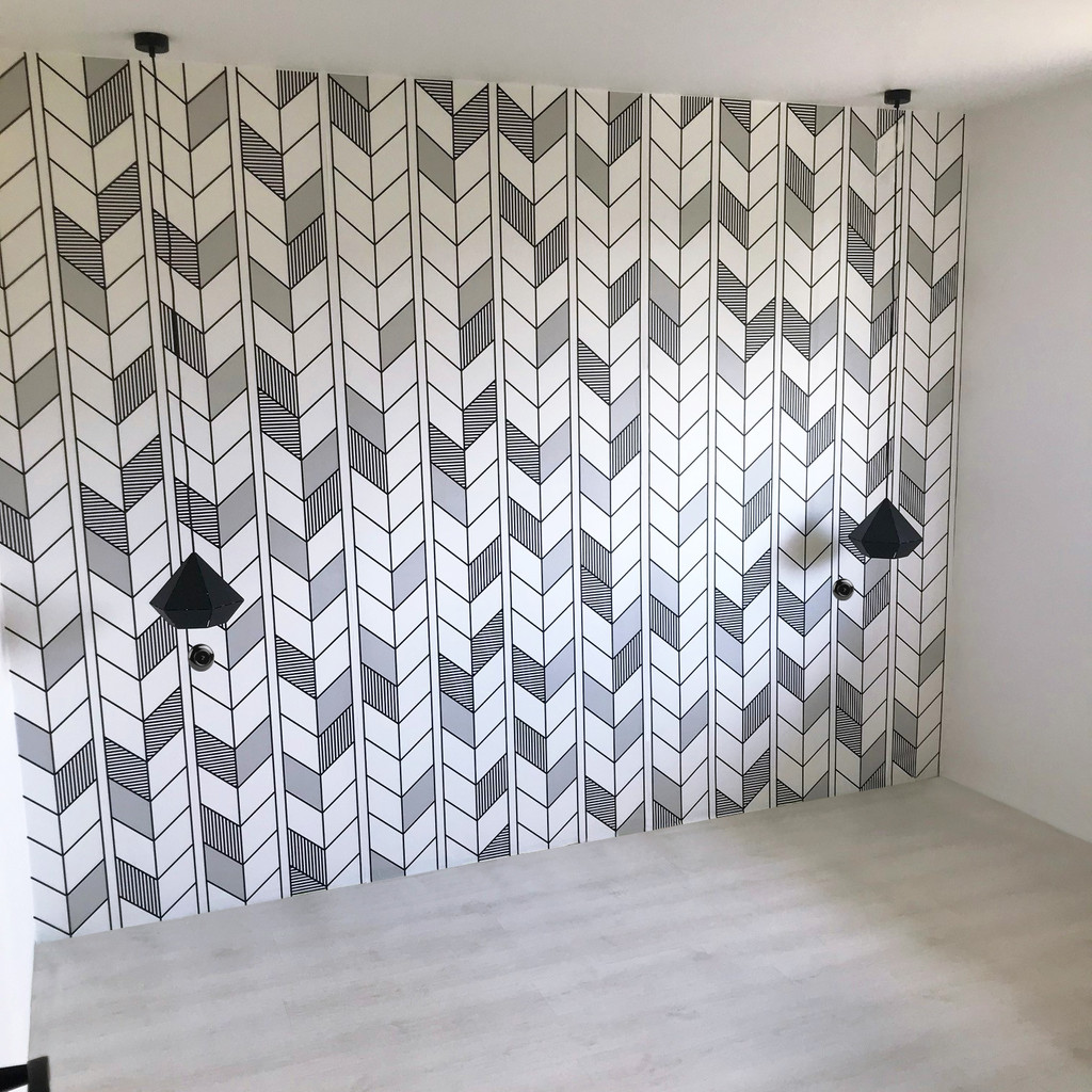 White and black contour herringbone designer pattern wallpaper - Dekoori image 2