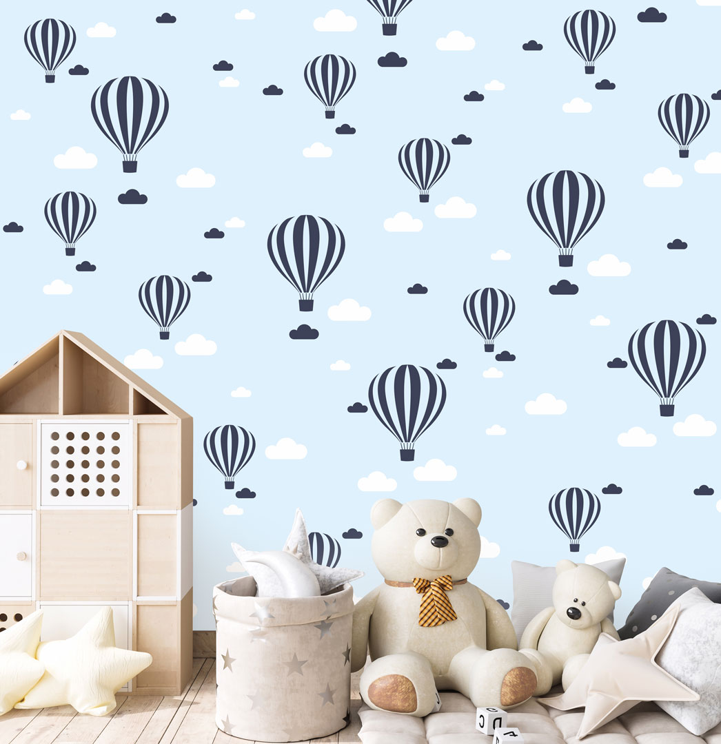 Wallpaper with flying balloons and clouds (colours: light blue-navy blue-white) for a boy - Dekoori image 2