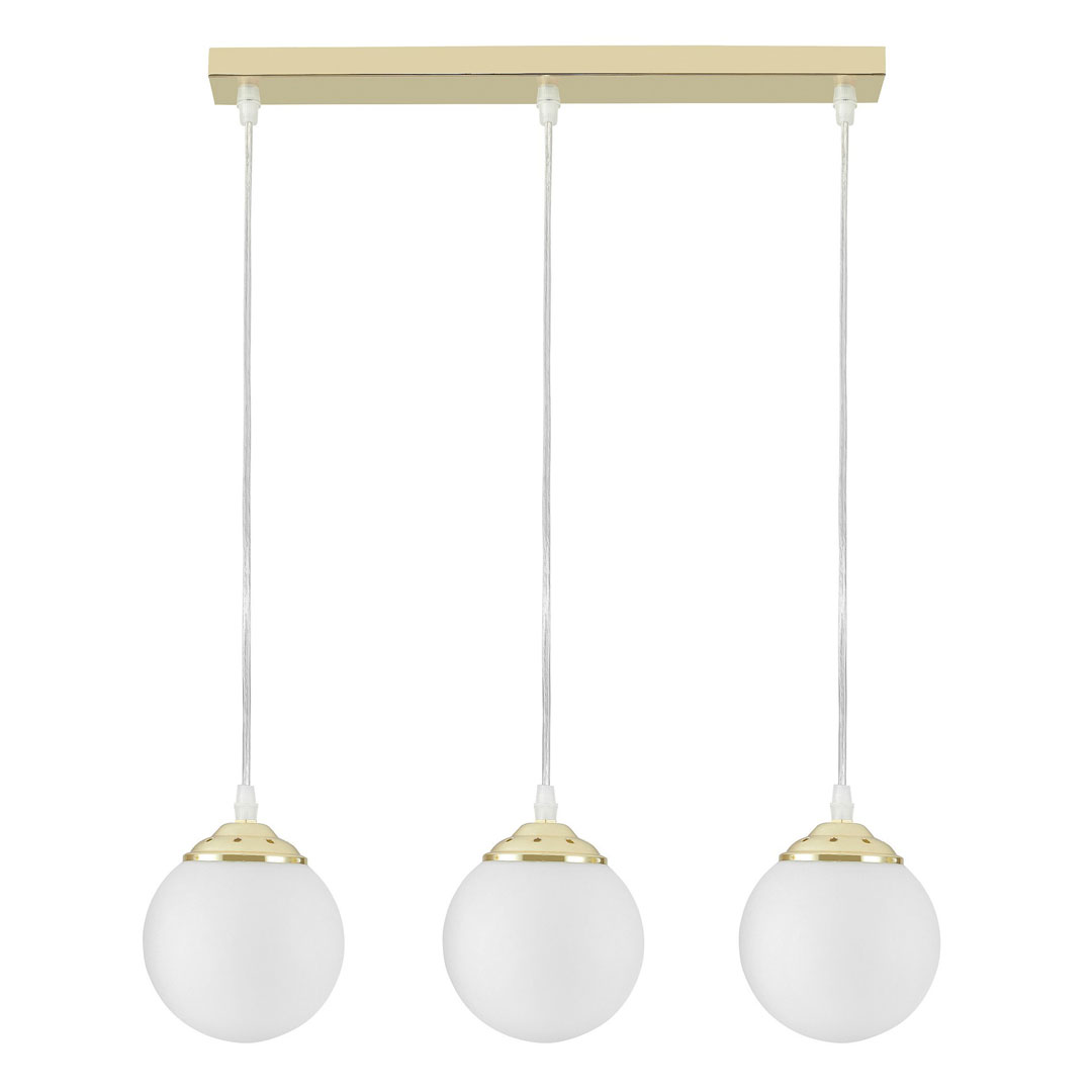 Triple pendant lamp over dining table or kitchen island, white spheres, classic gold - FINO - Lampit image 1